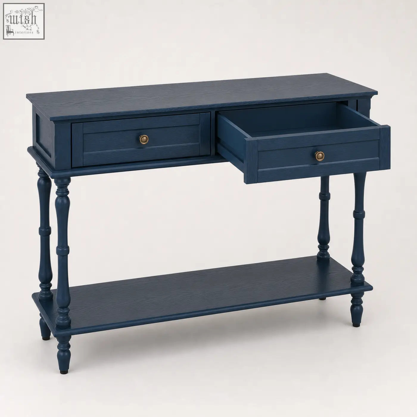 Navy blue wooden furniture100 blue console table with turned legs two drawers and a shelf for storage