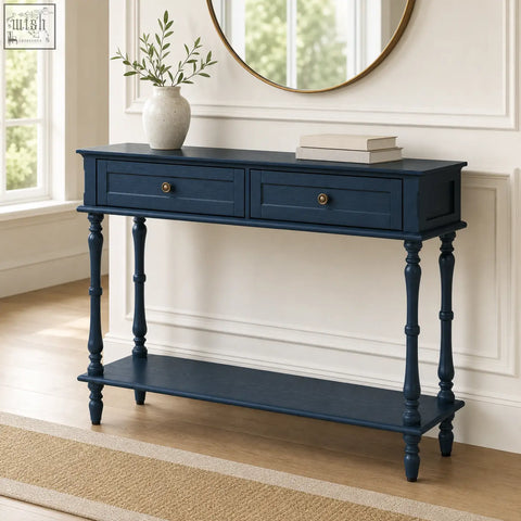 Navy blue wooden furniture100 blue console table with two drawers and turned legs for stylish storage space