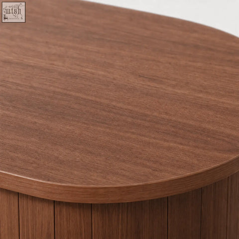 Furniture100 brown fluted console table with sliding tambour doors and rich wood grain finish with storage shelf
