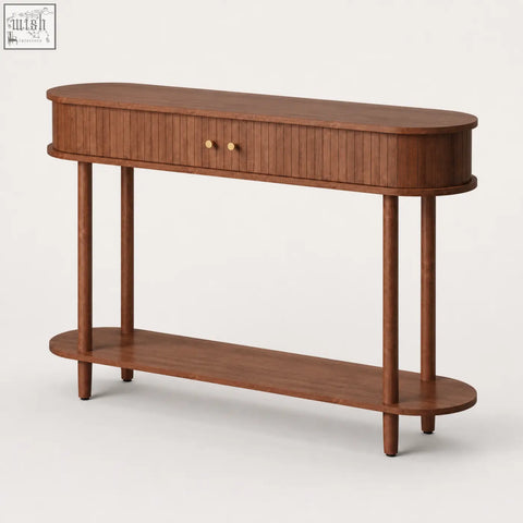 Warm brown wooden console table with curved top vertical slat drawer front sliding tambour doors and storage shelf