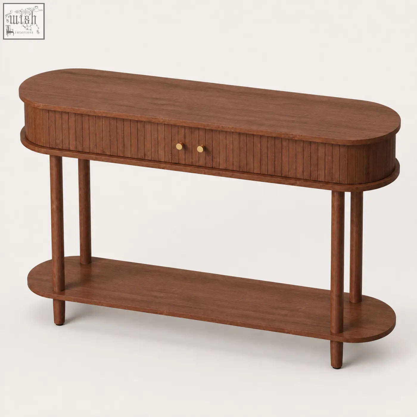 Warm brown wooden console table with sliding tambour doors, curved top, vertical slat drawer, and gold knobs