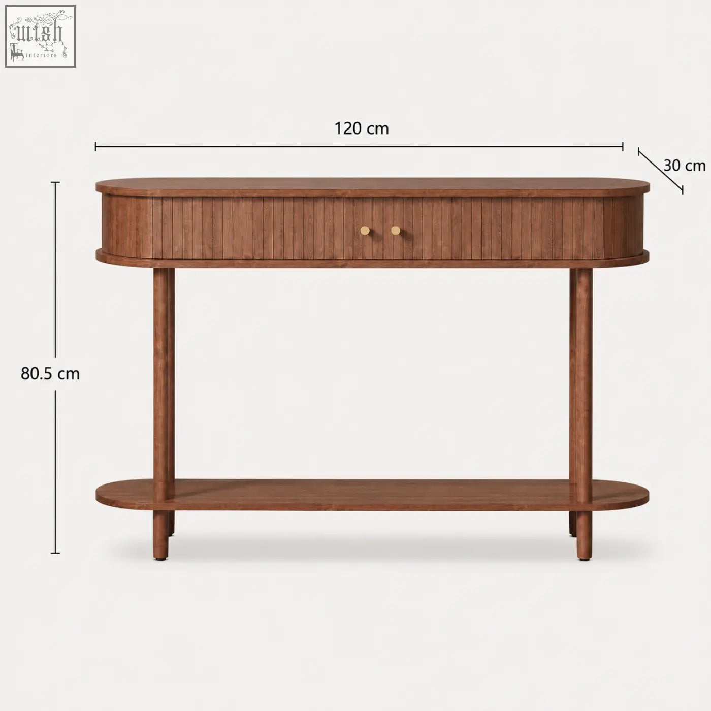 Furniture100 brown wooden console table with sliding tambour doors and slatted drawer front for stylish storage
