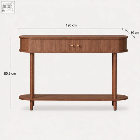 Furniture100 brown wooden console table with sliding tambour doors and slatted drawer front for stylish storage
