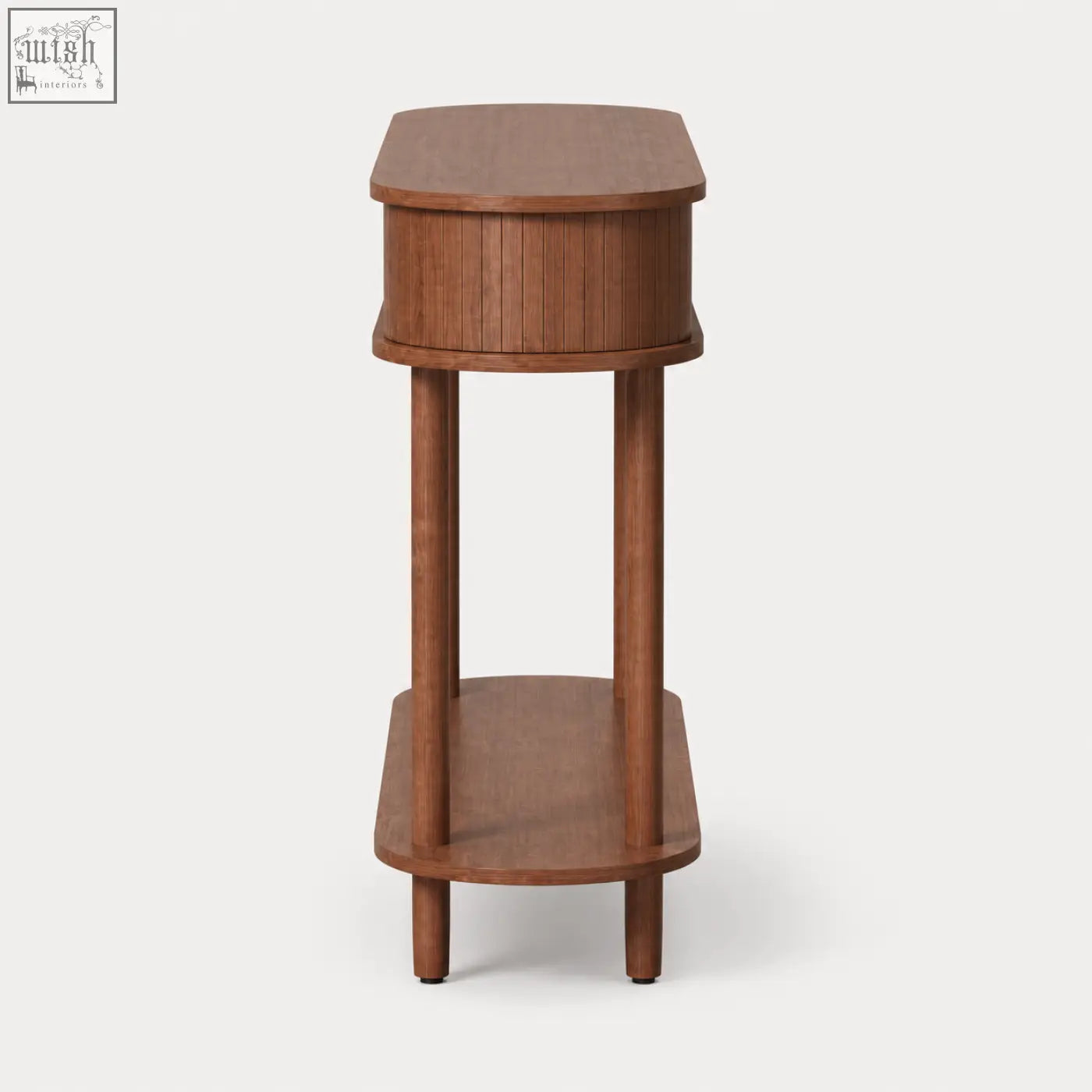 A sleek brown wooden console table with sliding tambour doors and vertical slat drawer for stylish storage