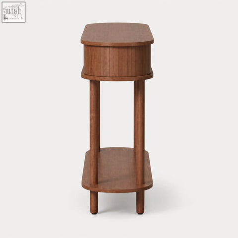 A sleek brown wooden console table with sliding tambour doors and vertical slat drawer for stylish storage