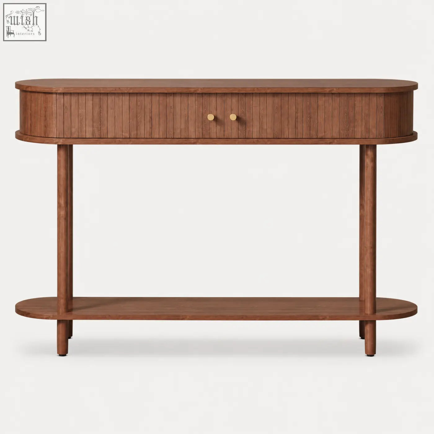 Warm brown wooden console table with sliding tambour doors vertical slat drawer and matching oval lower shelf