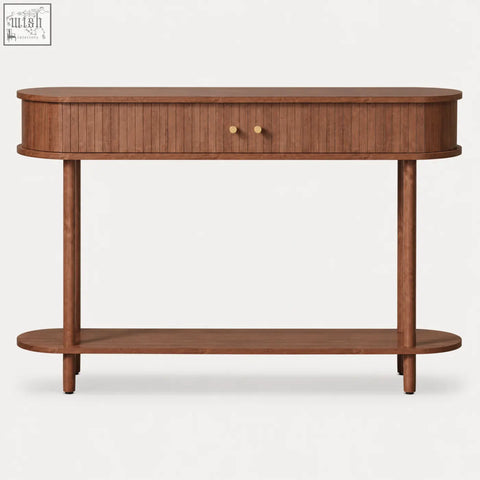 Warm brown wooden console table with sliding tambour doors vertical slat drawer and matching oval lower shelf