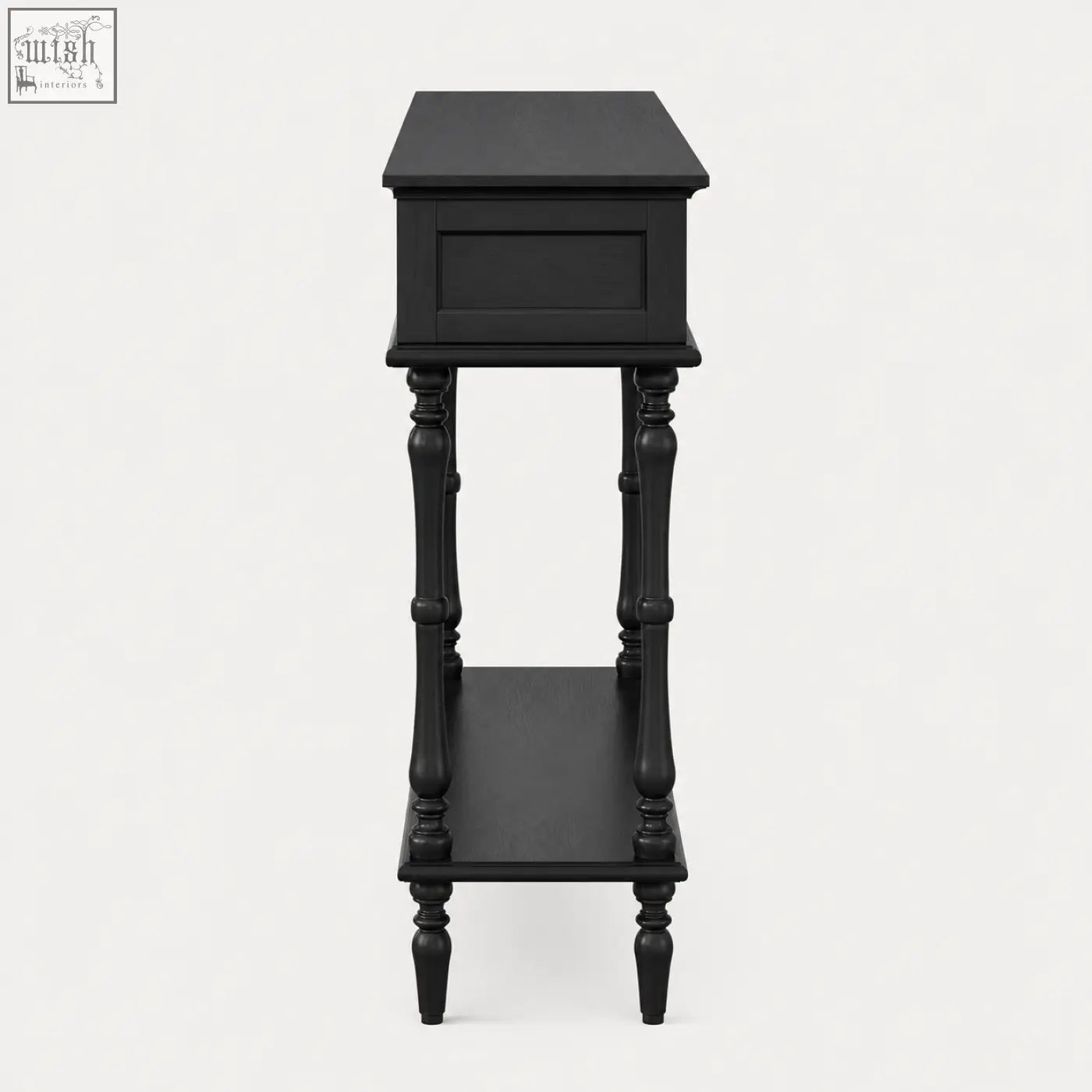 Black painted wooden console table with turned legs single drawer and full-width lower shelf ideal for narrow spaces