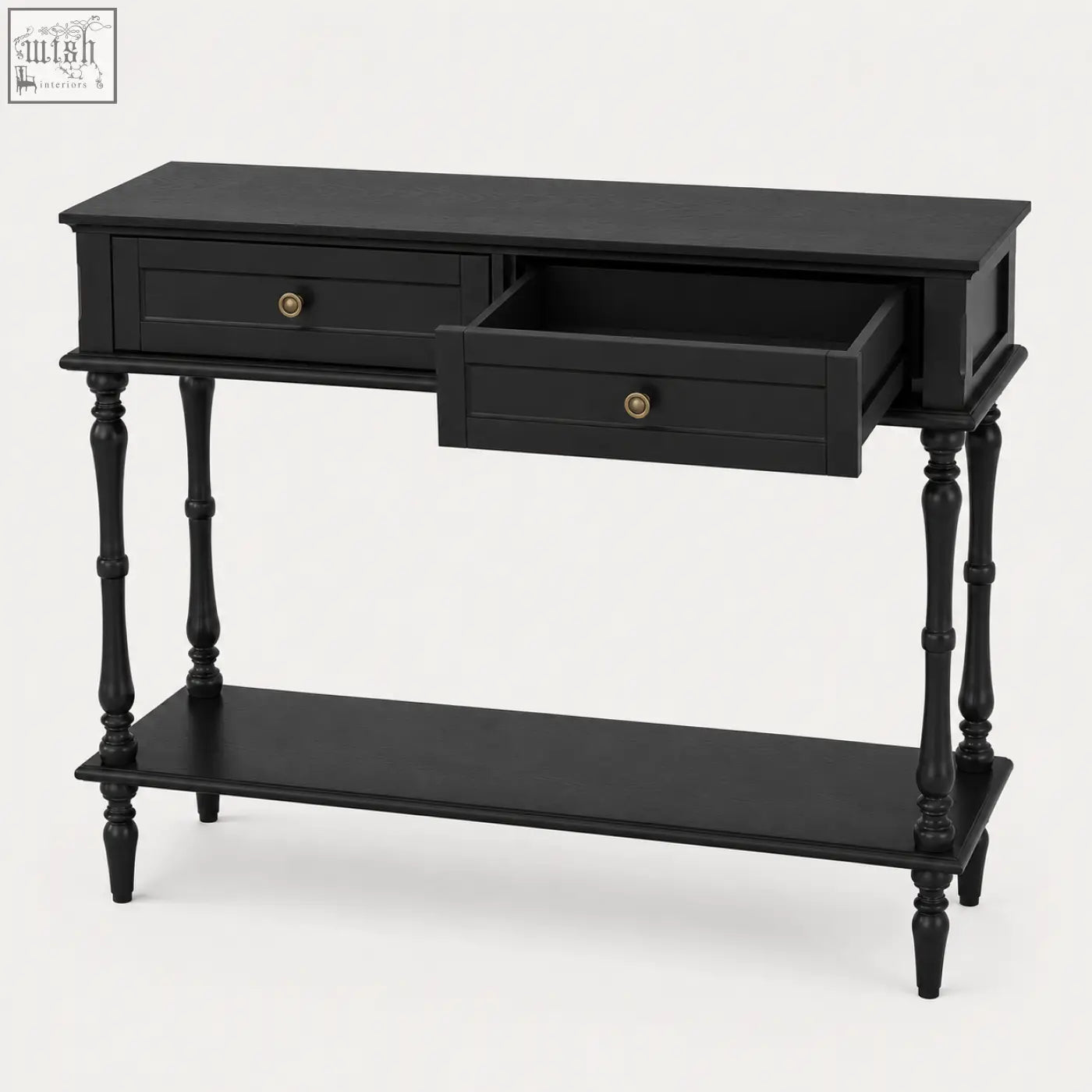 Black furniture100 console table with 2 drawers and full-width lower shelf features turned legs and brass knobs for narrow spaces