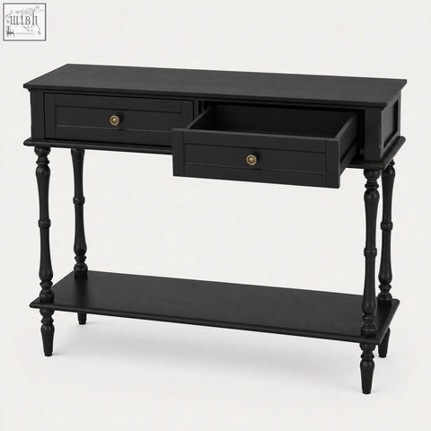 Black furniture100 console table with 2 drawers and full-width lower shelf features turned legs and brass knobs for narrow spaces