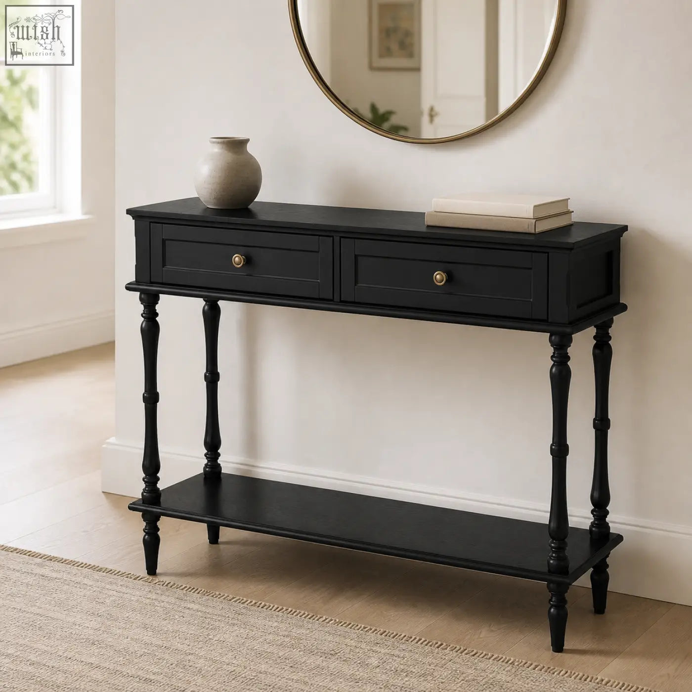 Black Furniture100 console table with 2 drawers brass knobs turned legs and full-width lower shelf for narrow spaces