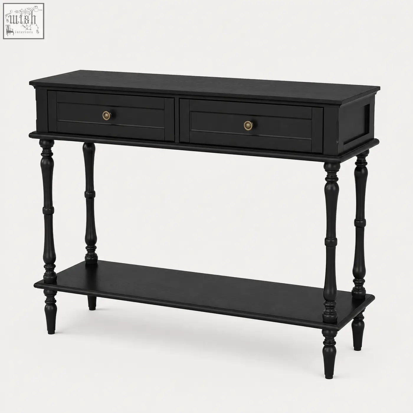 Black furniture100 console table with 2 drawers and shelf featuring turned legs and brass ring handles for narrow spaces