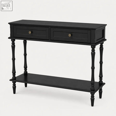 Black furniture100 console table with 2 drawers and shelf featuring turned legs and brass ring handles for narrow spaces