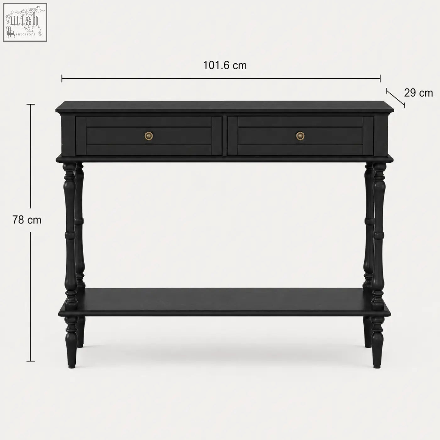 Black Furniture100 console table with two drawers ring handles turned legs perfect for narrow spaces