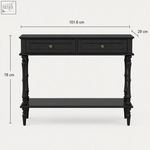 Black Furniture100 console table with two drawers ring handles turned legs perfect for narrow spaces