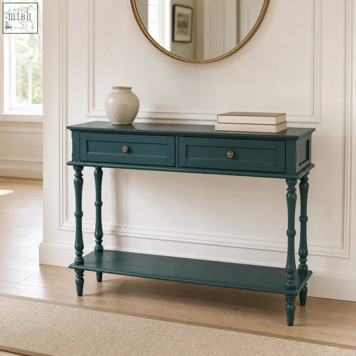 Teal painted furniture100 green console table with two drawers, turned legs, and lower shelf for extra storage