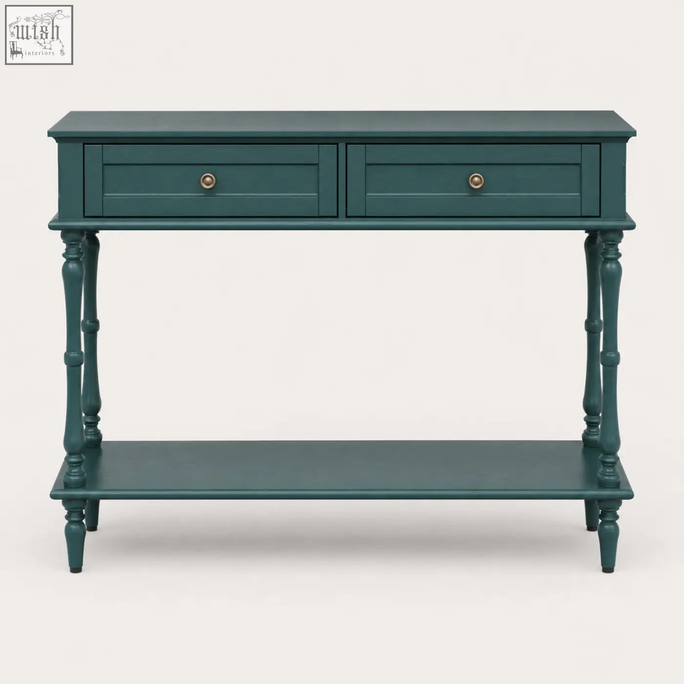 Teal painted wooden furniture100 green console table with 2 drawers and turned legs for stylish storage