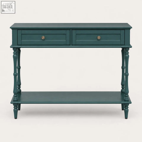Teal painted wooden furniture100 green console table with 2 drawers and turned legs for stylish storage