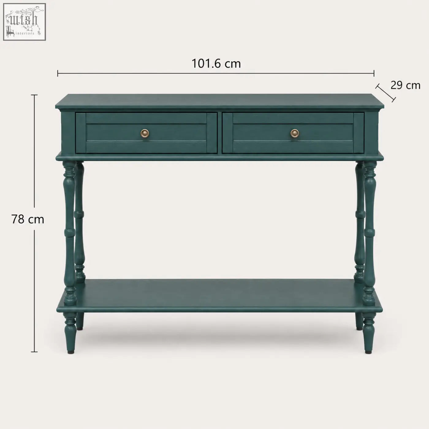 Teal painted furniture100 green console table with two drawers and turned wooden legs for stylish storage