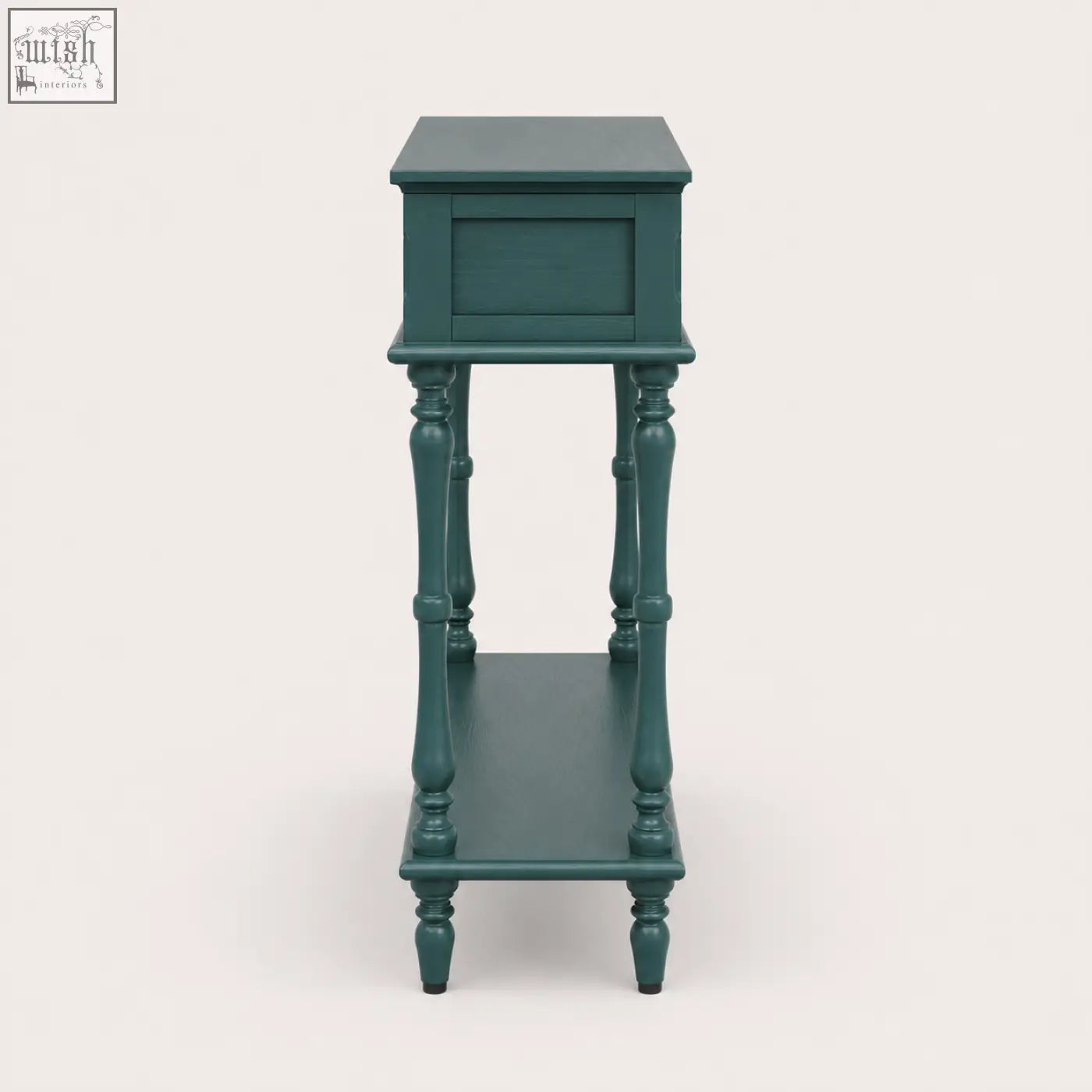 Teal wooden console table with turned legs and lower shelf from furniture100 green console table collection