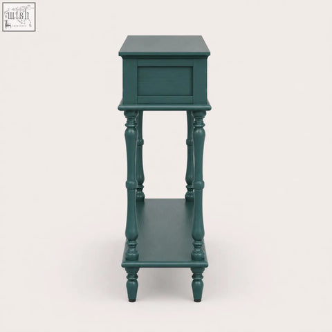 Teal wooden console table with turned legs and lower shelf from furniture100 green console table collection