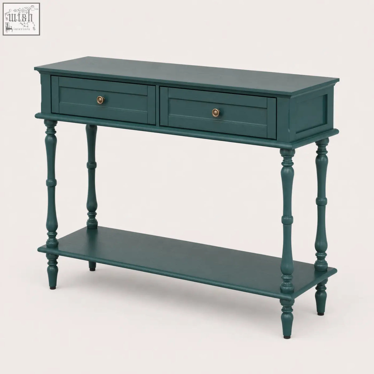 Teal painted furniture100 green console table with two drawers turned wooden legs and lower shelf for storage