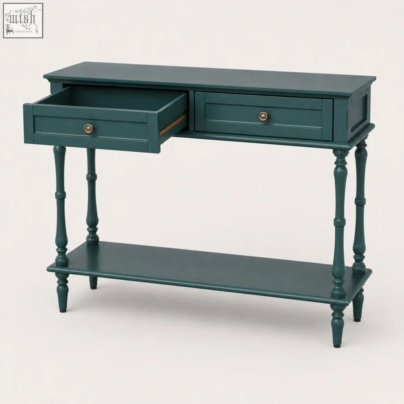 Teal painted furniture100 green console table with two drawers and turned wooden legs for stylish storage