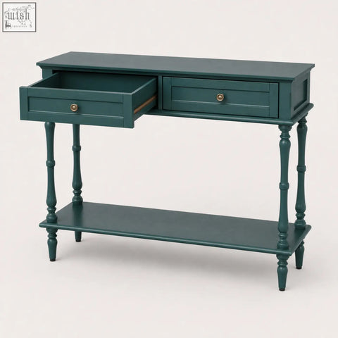 Teal painted furniture100 green console table with two drawers and turned wooden legs for stylish storage