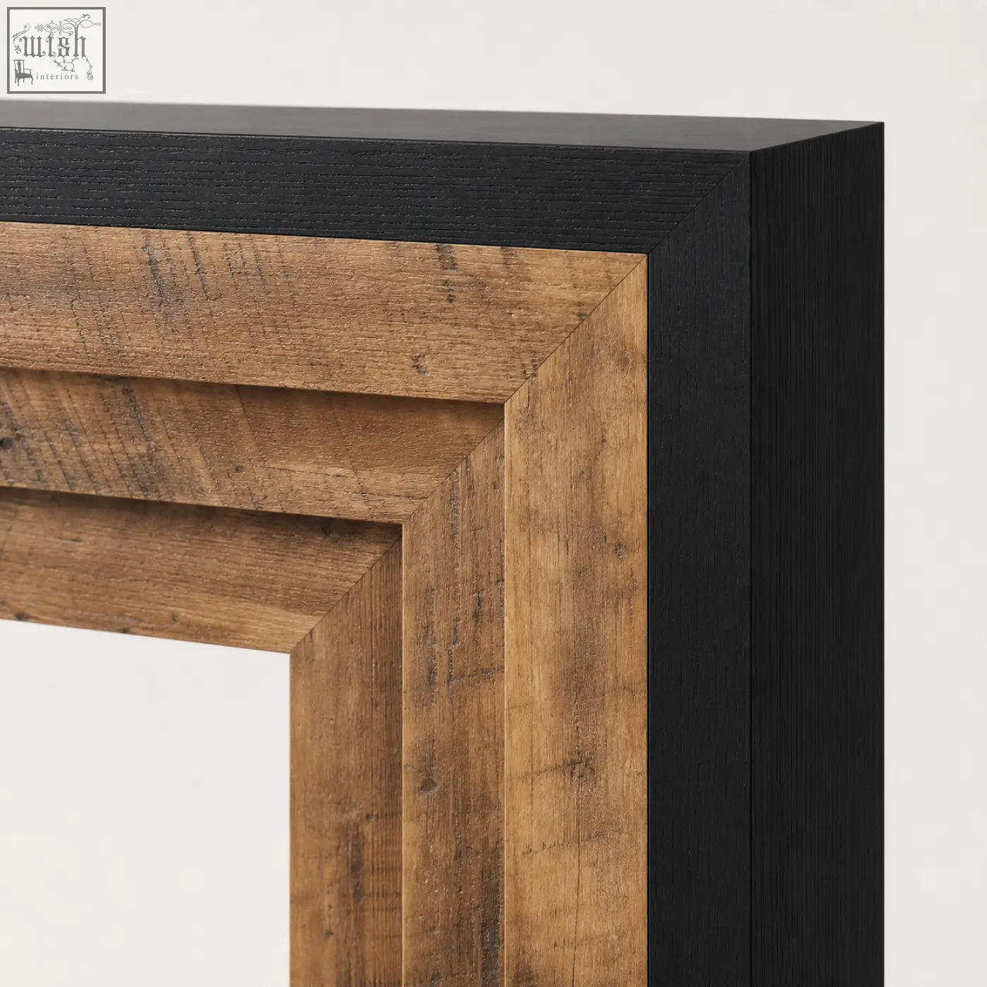 Rustic wood and black frame mirror with distressed finish on furniture100 industrial rustic 180cm console table