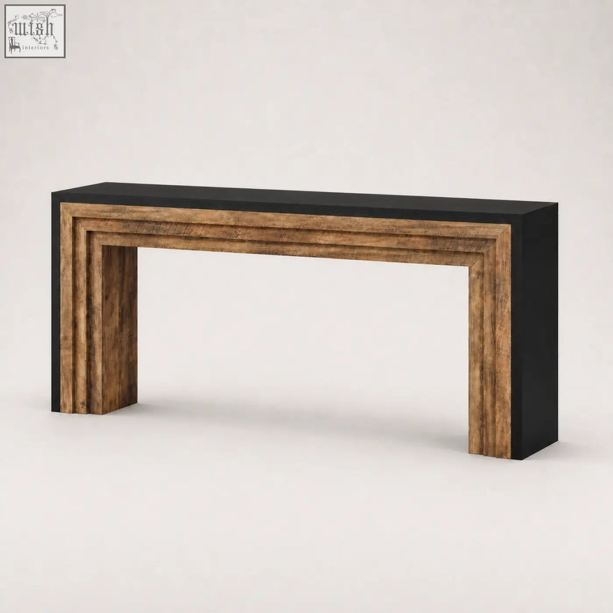 Modern console table with sleek black top and rustic textured wood frame from furniture100 industrial rustic wood collection