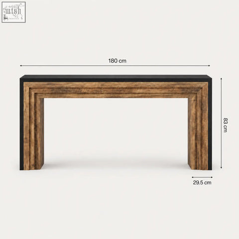 A sleek 180 cm furniture100 industrial rustic console table with a black metal top and stepped wood frame