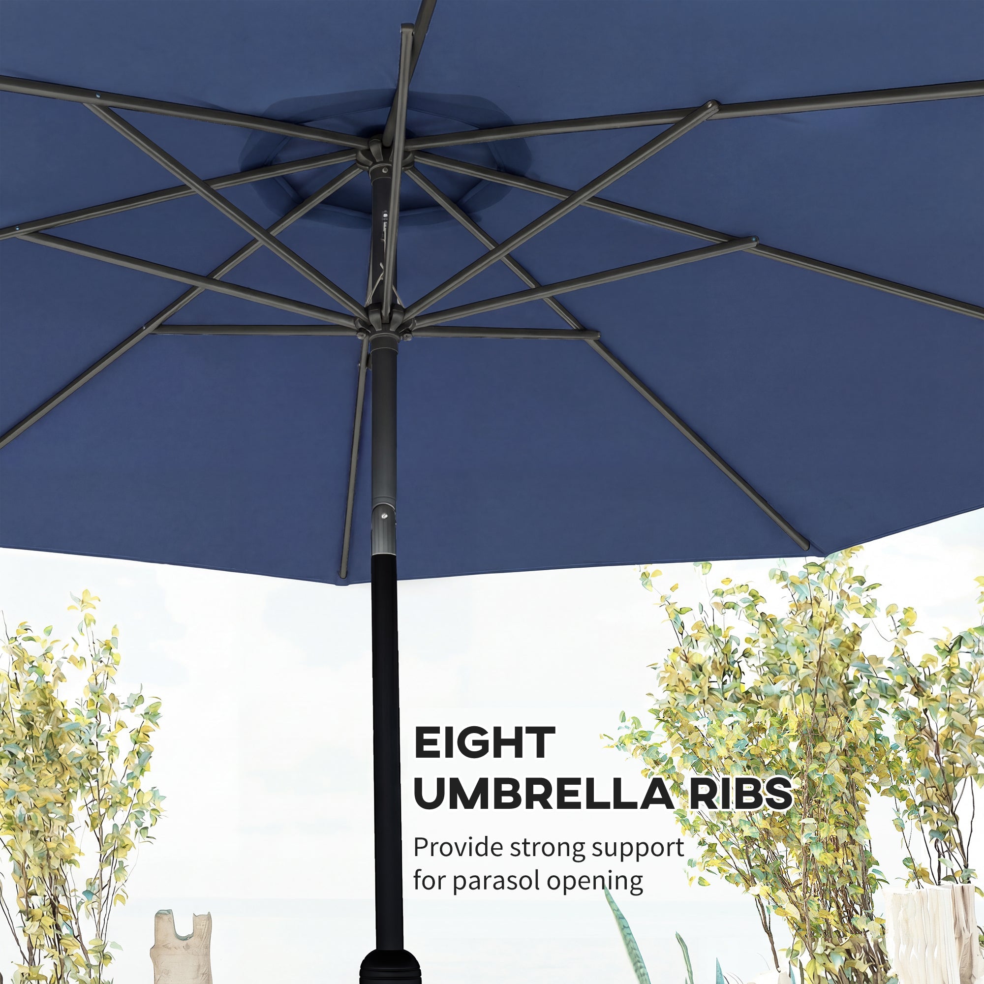 Outsunny 3 m Garden Parasol Umbrellas, Outdoor Sun Shade with 8 Ribs, Tilt and Crank Handle, Navy Blue