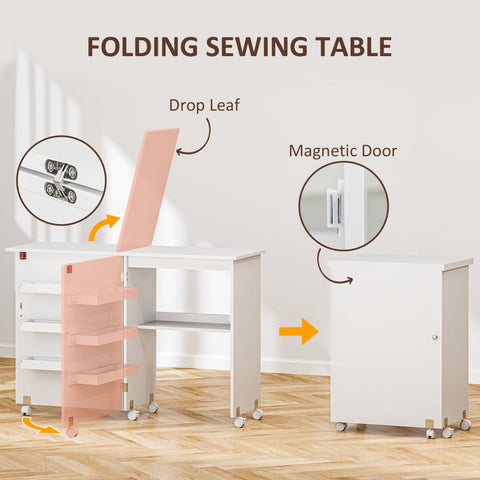 HOMCOM Folding Sewing Table, Drop Leaf Craft Table with Storage Bins, Open Shelf and Wheels, Rolling Sewing Machine Cabinet Computer Desk for Small Space, White