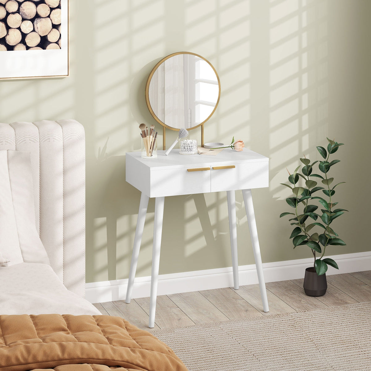 HOMCOM Dressing Table with Round Mirror - White