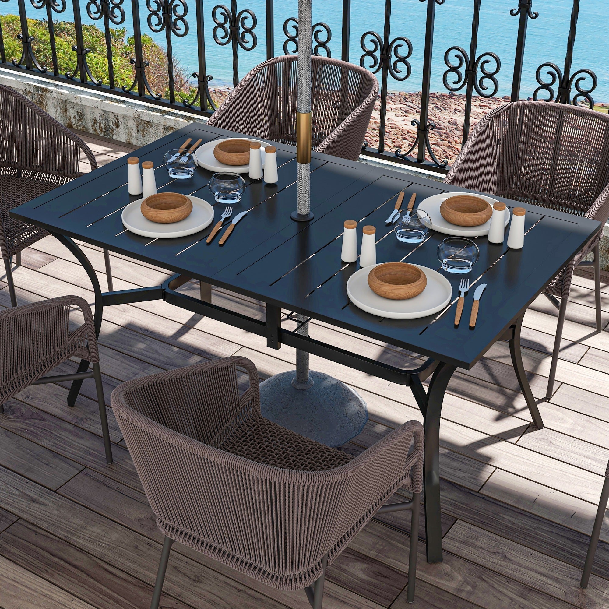 Outsunny Rectangle Garden Dining Table with Parasol Hole, Patio Table with Steel Frame and Slat Tabletop, 150cm x 90cm, Black