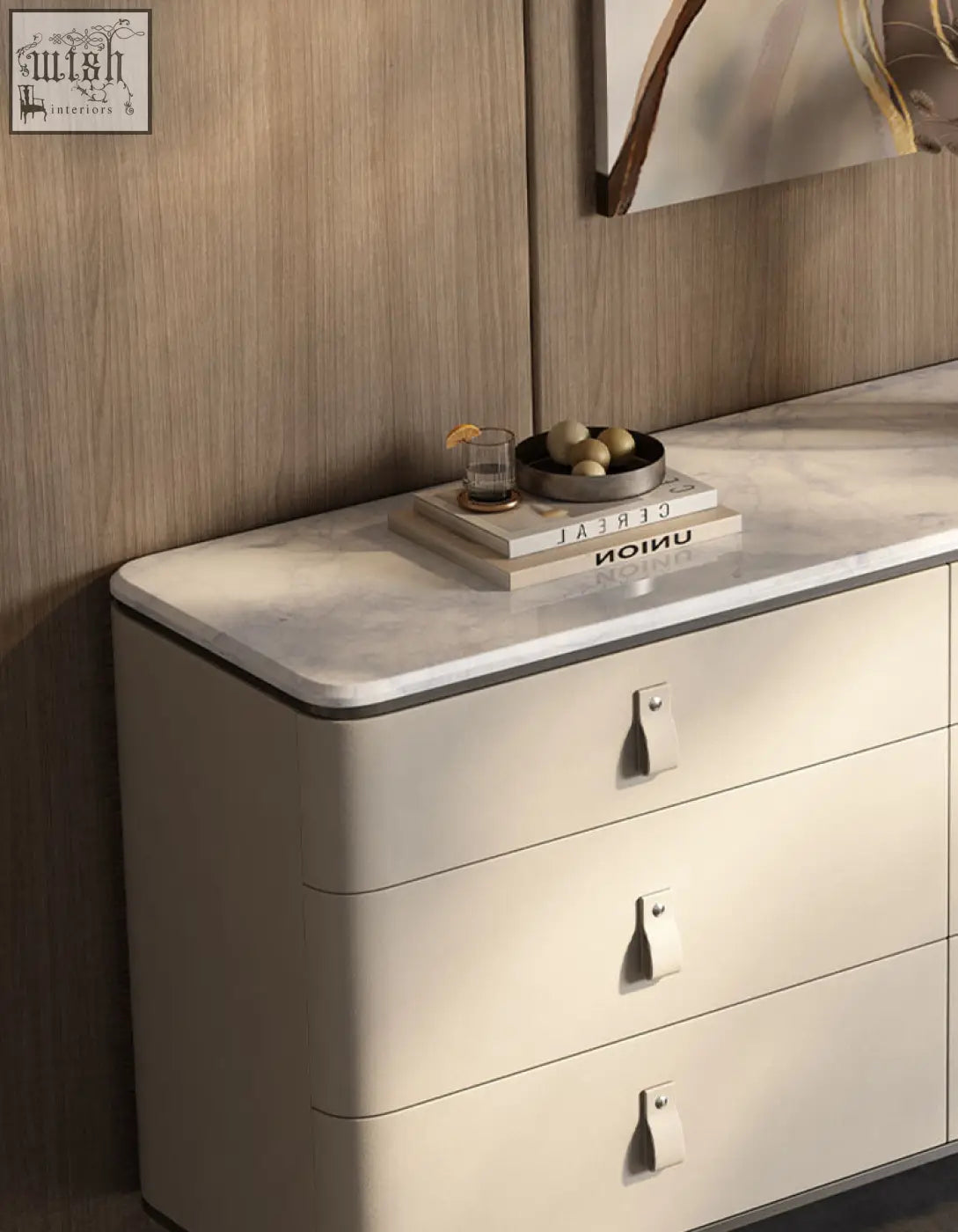 Cream-colored g241 sideboard with sintered stone marble top, beige minimalist drawers, and stainless steel pull handles