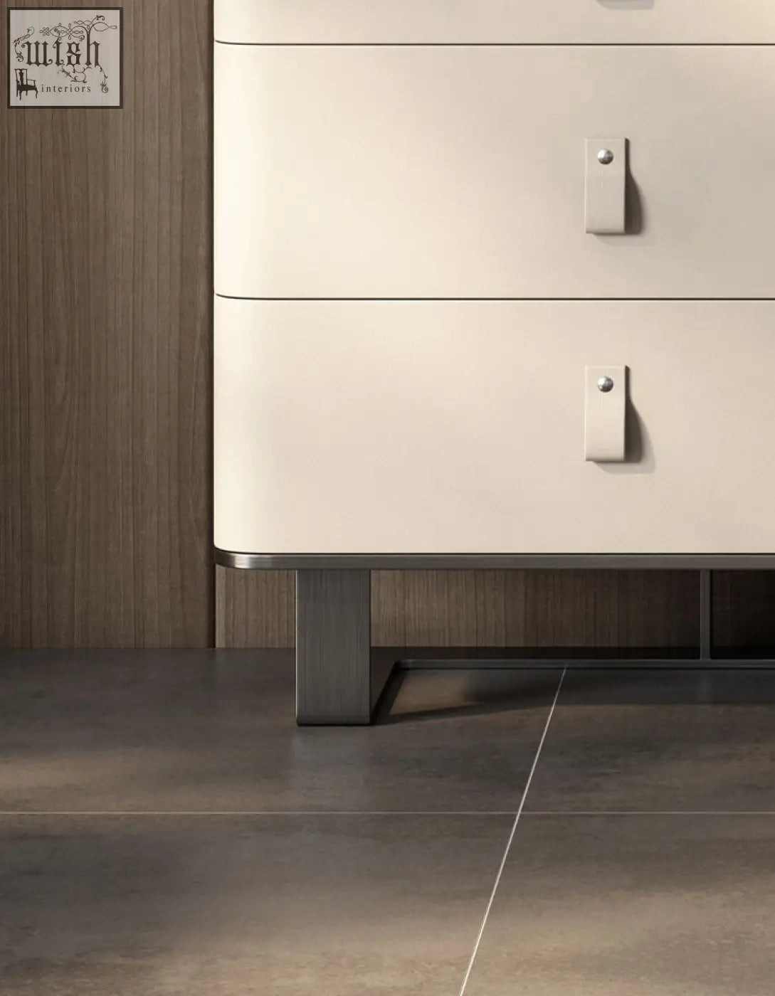 Cream-colored g241 sideboard with stainless steel angular legs and sleek metal drawer pulls in minimalist design