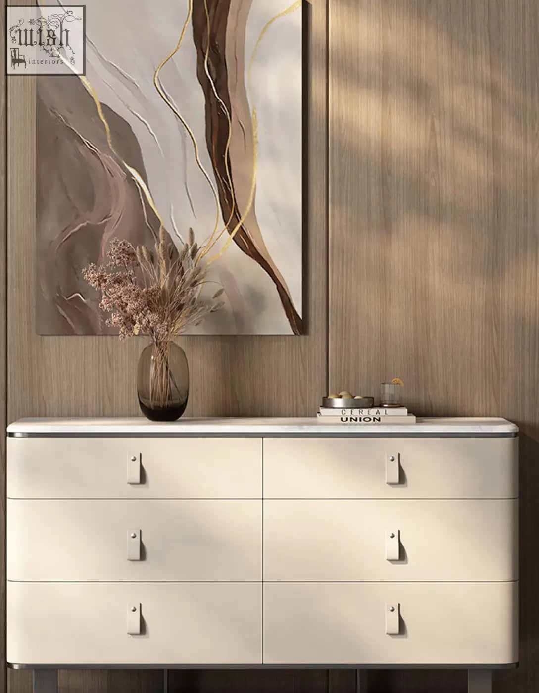 Cream-colored g241 sideboard with sleek modern design, metallic handles, and stainless steel sintered stone top