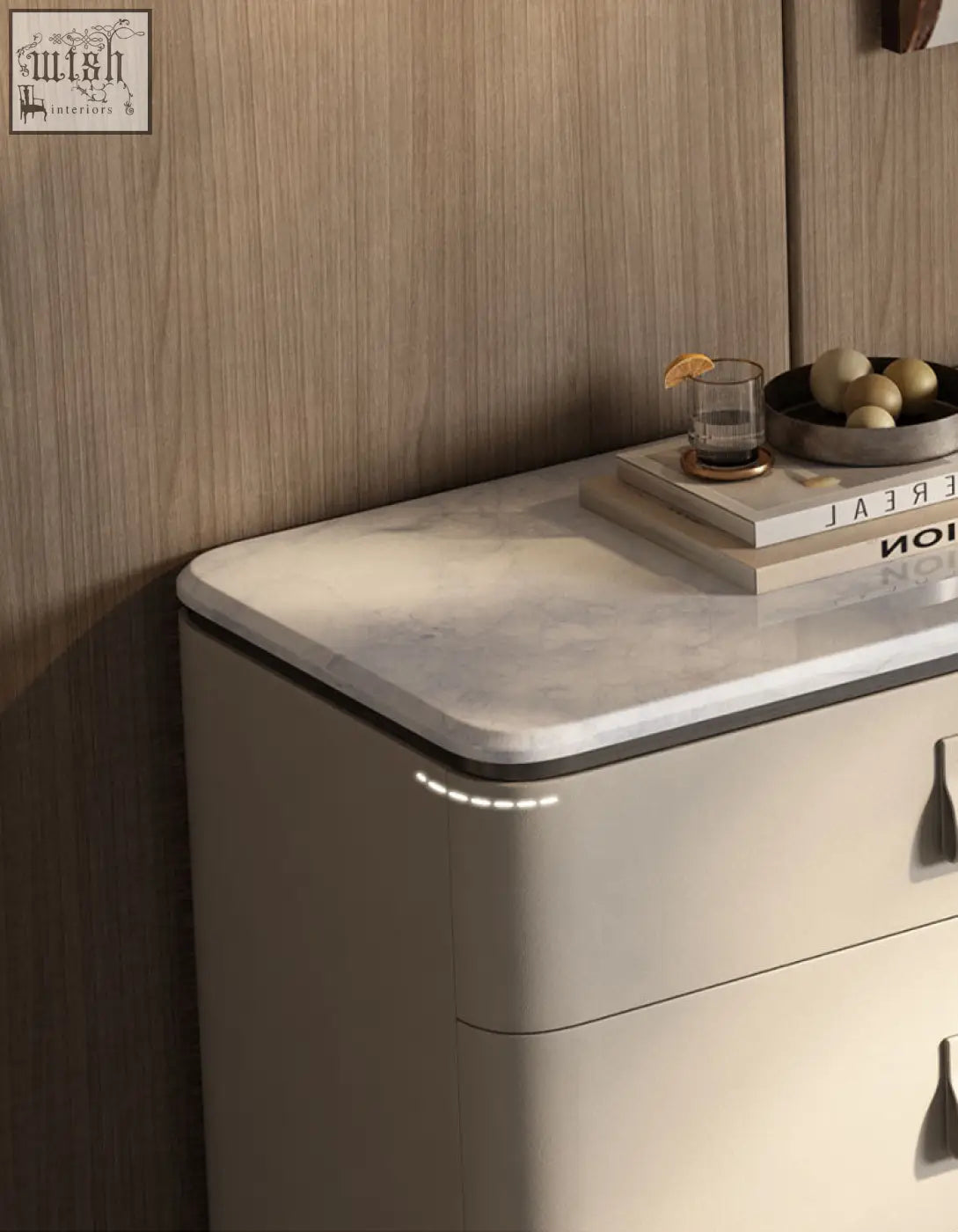 Cream-colored g241 sideboard with polished white sintered stone top and stainless steel minimalist design in beige