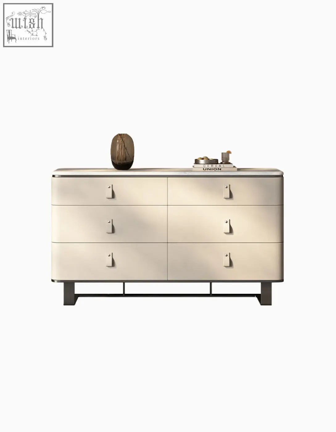 Cream-colored g241 sideboard with six drawers stainless steel handles and black metal base featuring sintered stone top