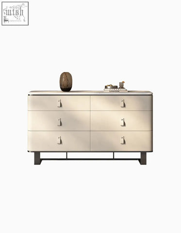 Cream-colored g241 sideboard with six drawers stainless steel handles and black metal base featuring sintered stone top
