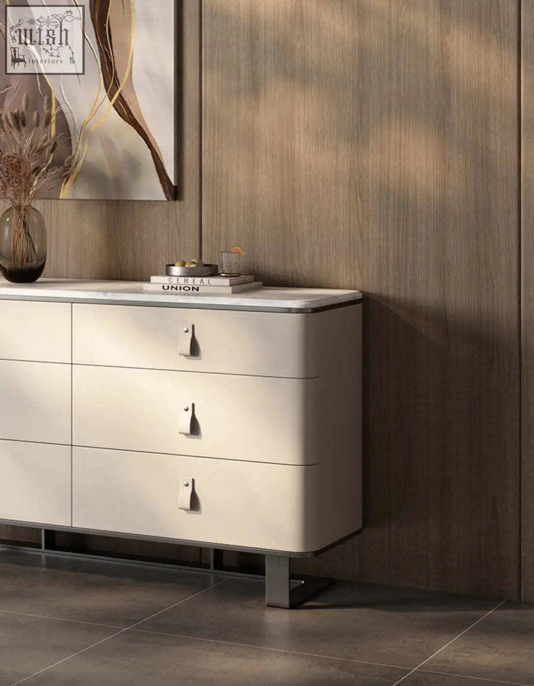 Cream-colored g241 sideboard with sleek metallic handles and sintered stone top featuring stainless steel accents