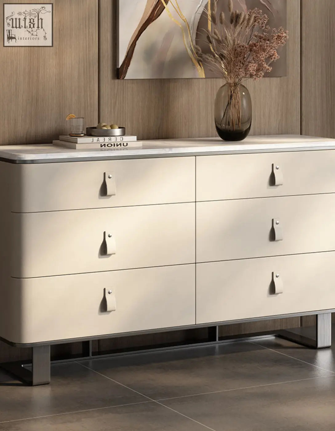 Beige g241 sideboard with cream color, sleek silver metal legs, minimalist pulls, and stainless steel accents
