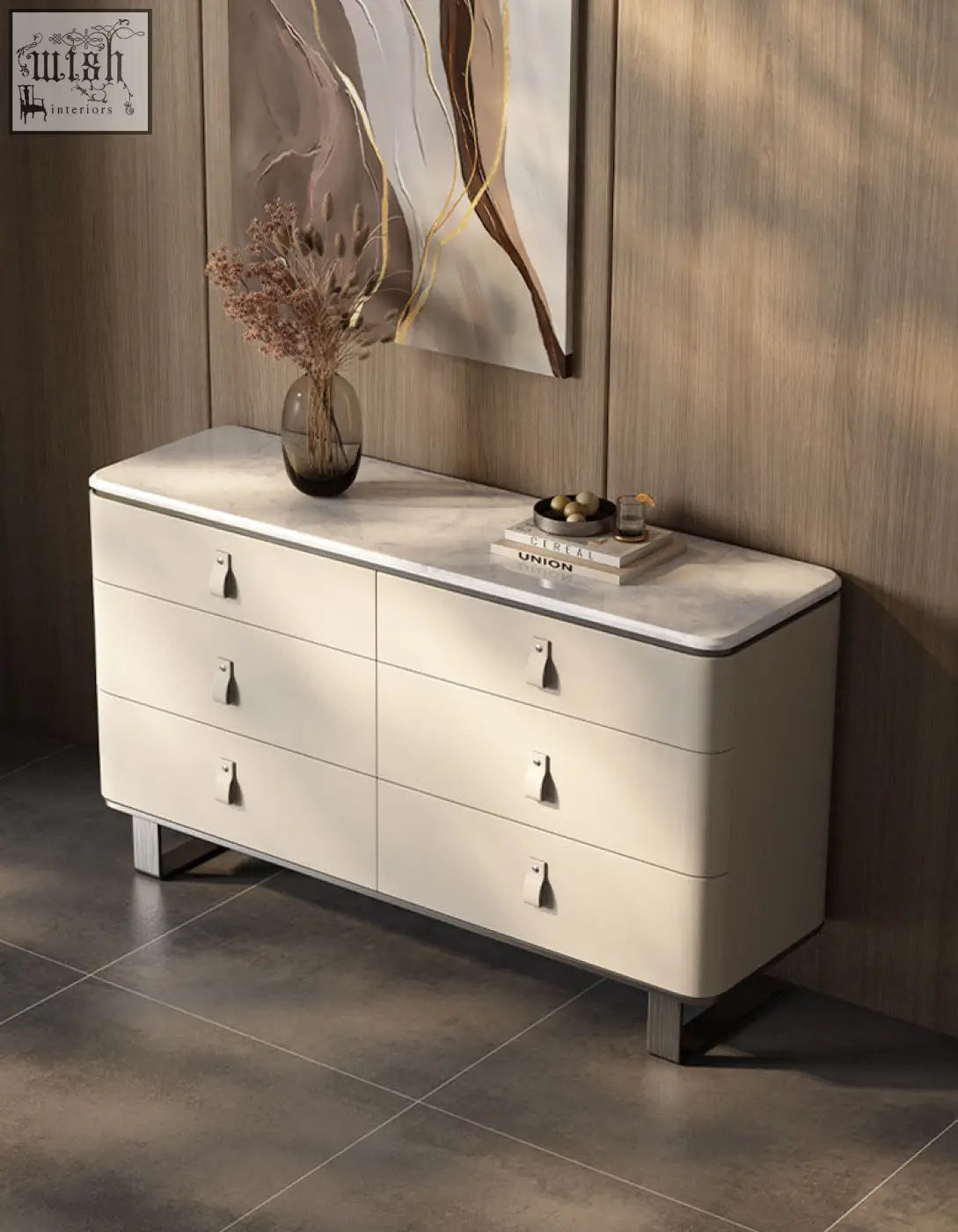 Cream-colored g241 sideboard with six drawers, sintered stone marble top, and stainless steel sleek legs in beige