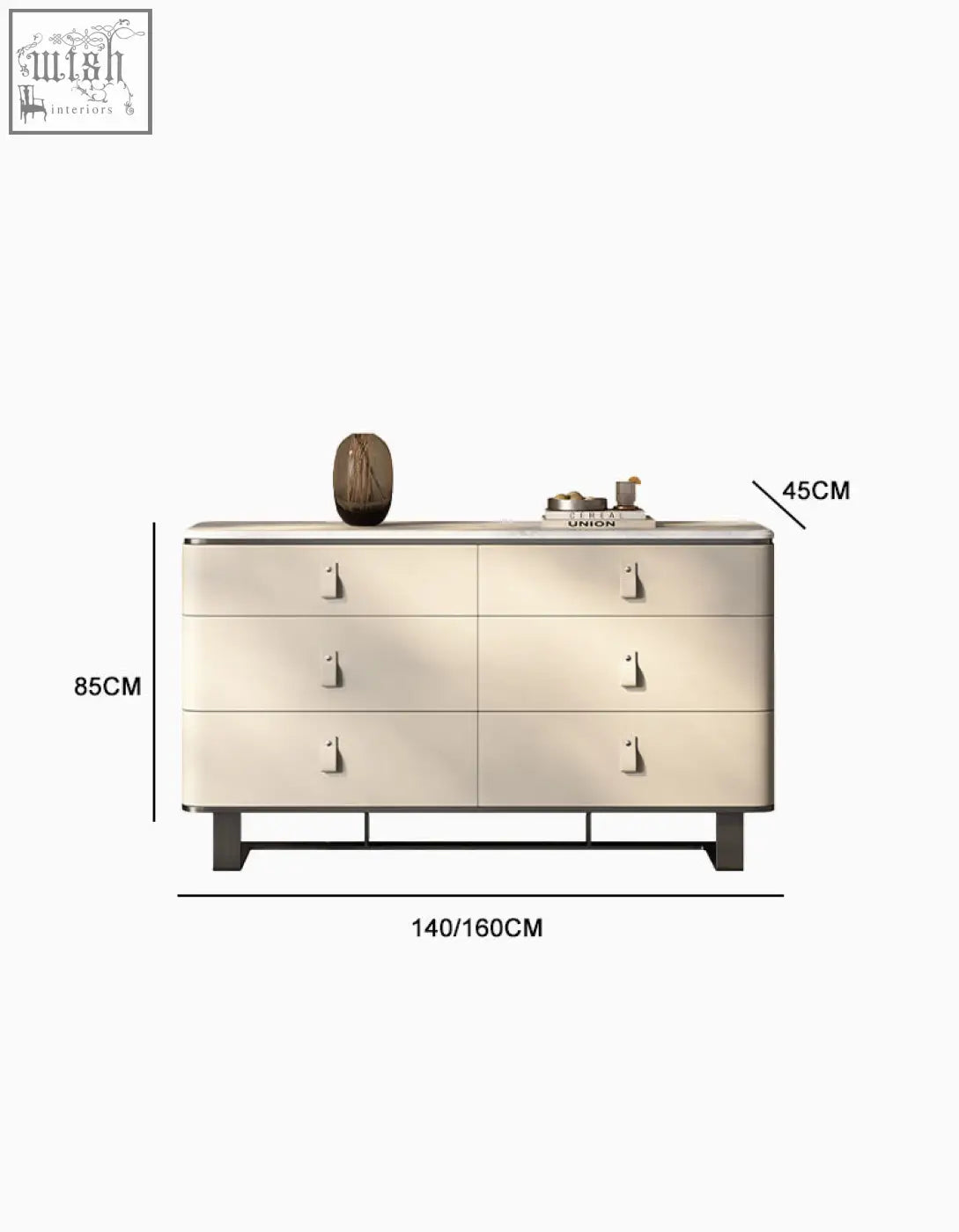 Cream-colored g241 sideboard with six drawers sleek minimalist design matte finish and stainless steel accents