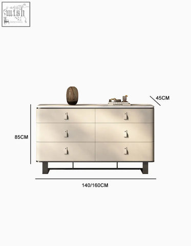 Cream-colored g241 sideboard with six drawers sleek minimalist design matte finish and stainless steel accents
