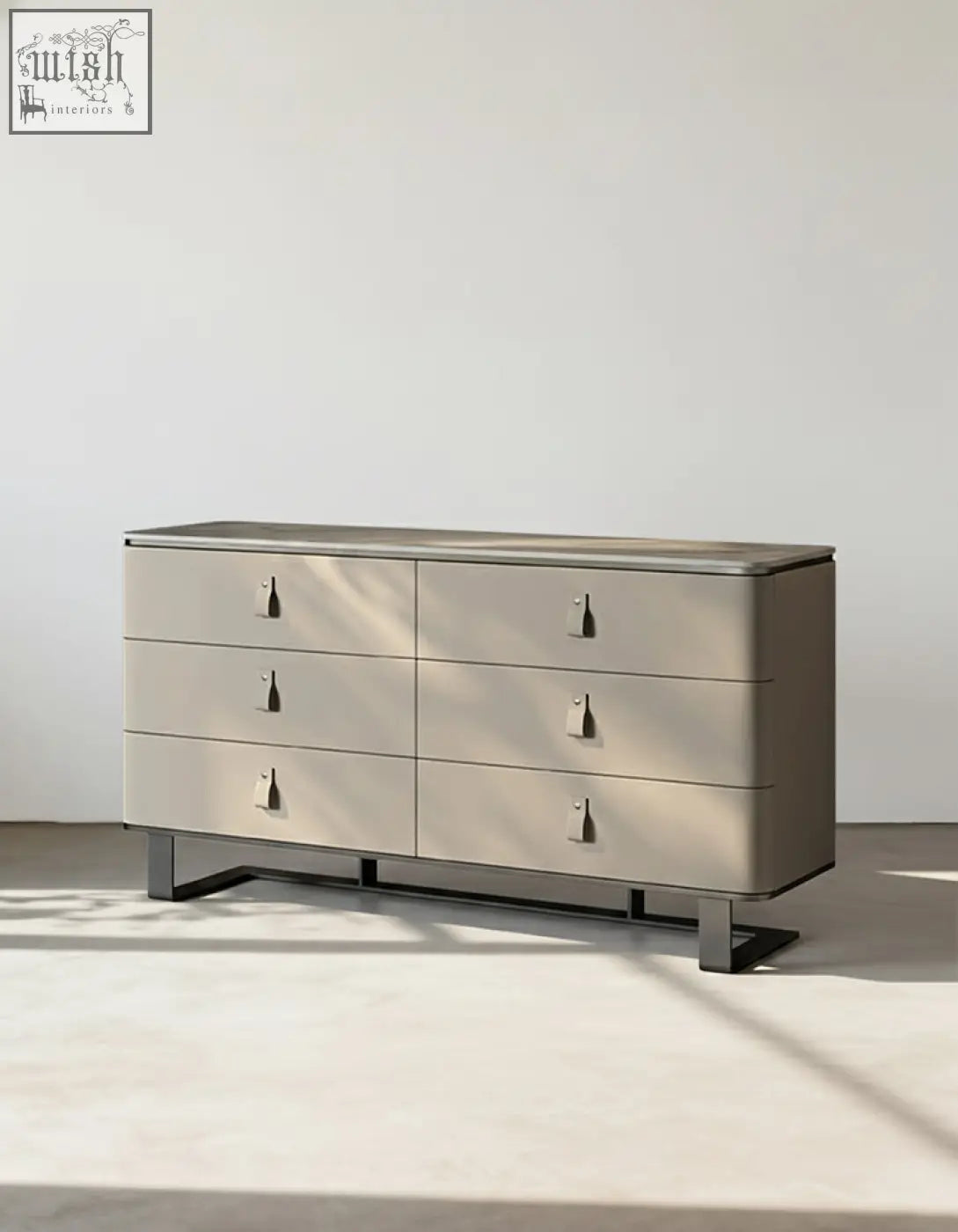 Modern taupe g241 sideboard with sleek matte drawers and black metal legs featuring sintered stone and stainless steel accents
