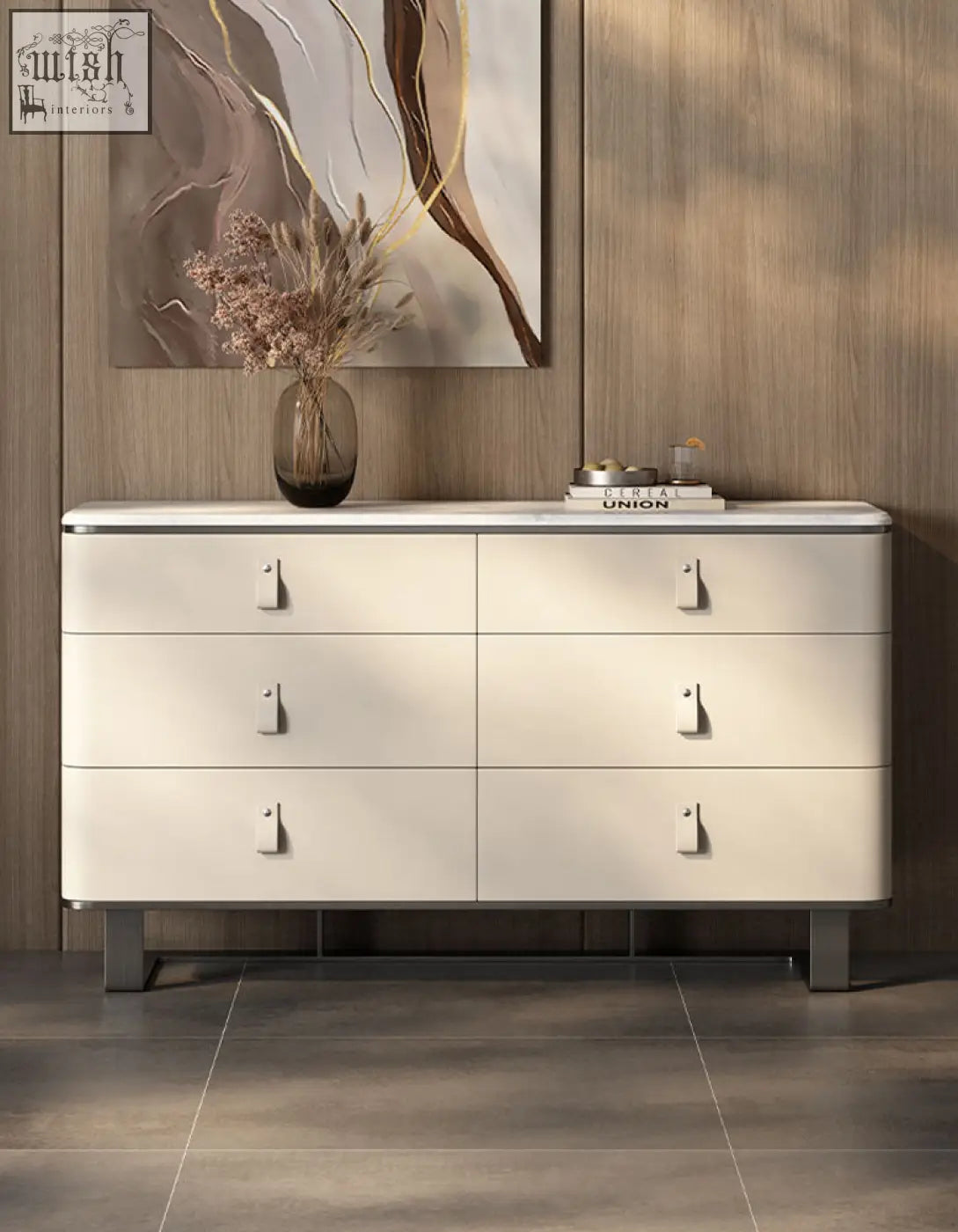 Modern white g241 sideboard with sleek minimalist design, stainless steel handles, and beige sintered stone top