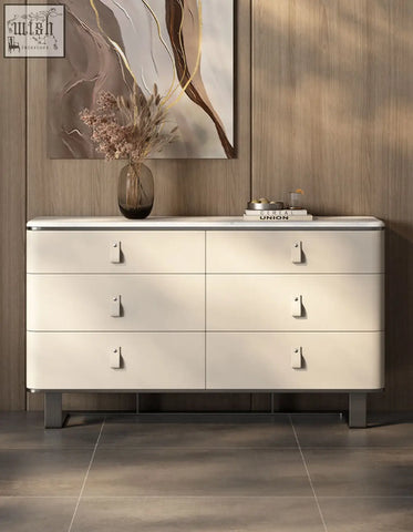 Modern white g241 sideboard with sleek minimalist design, stainless steel handles, and beige sintered stone top