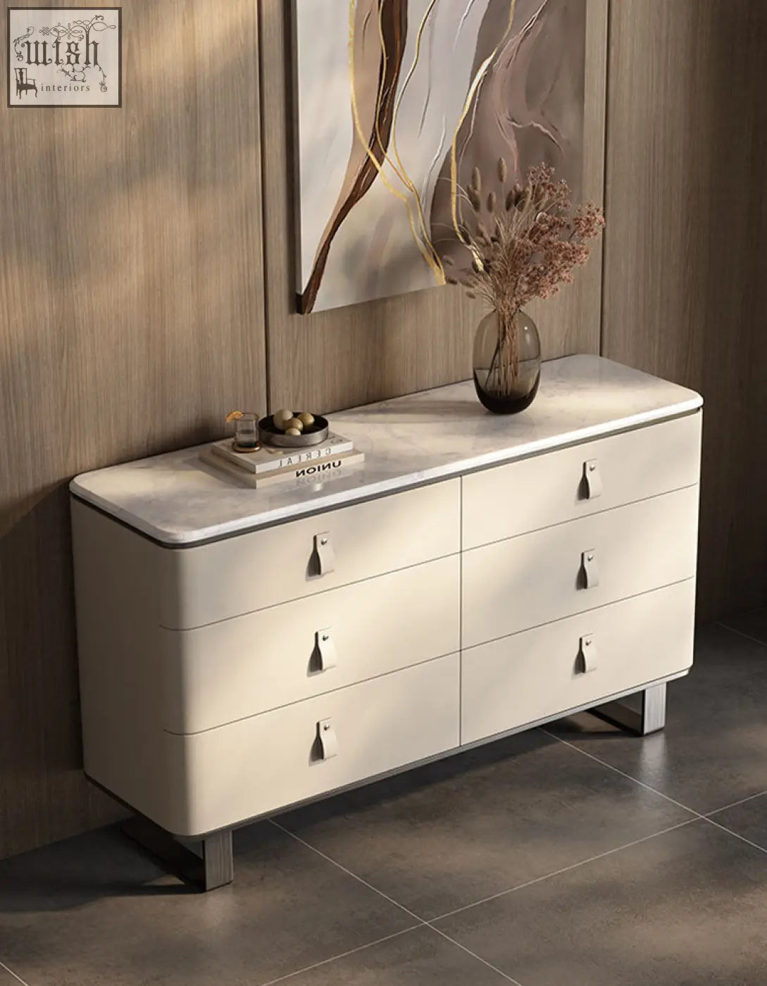 Modern white marble top g241 sideboard with six drawers, stainless steel handles and legs in beige finish